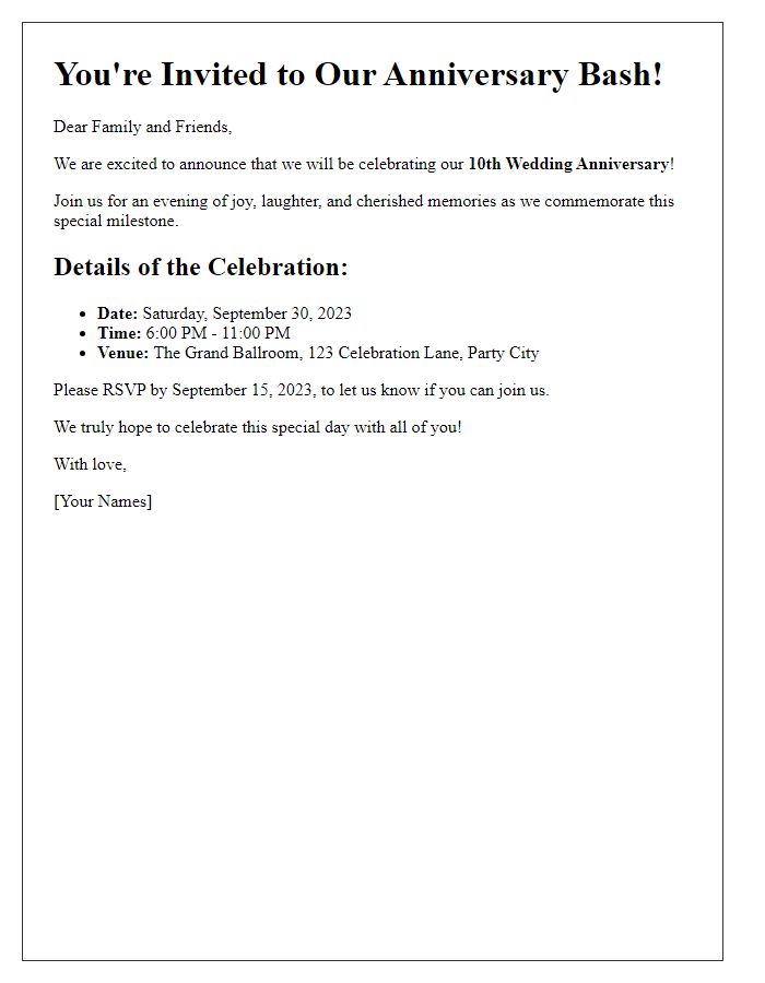 Letter template of anniversary bash invitation