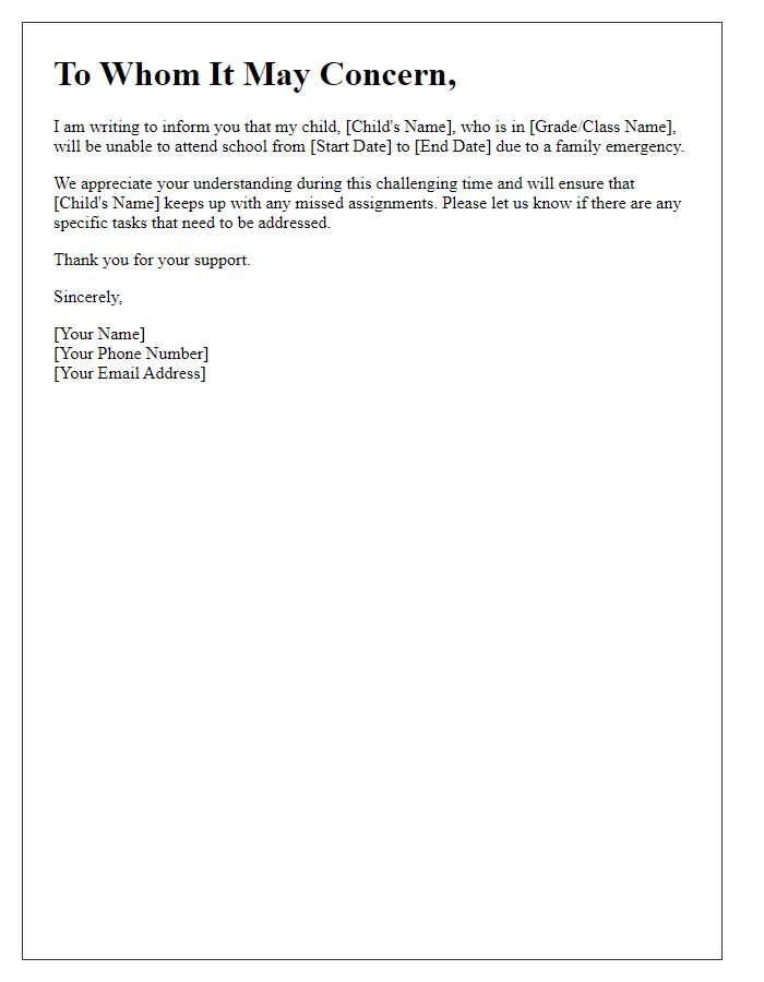 Letter template of family emergency absence for school.