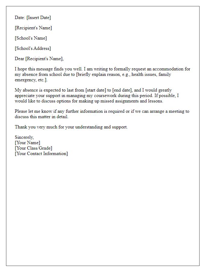 Letter template of request for absence accommodation for school.