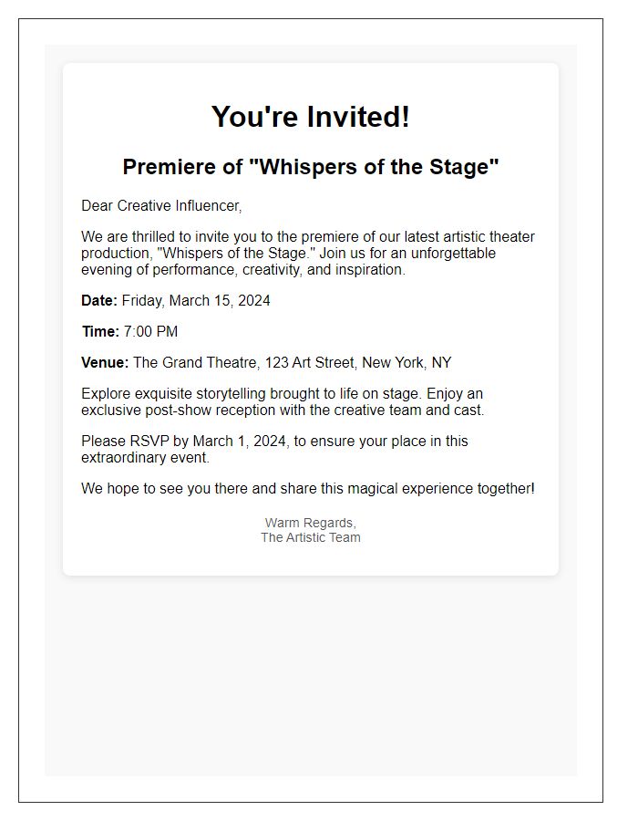 Letter template of artistic theater premiere invitation for creative influencers.