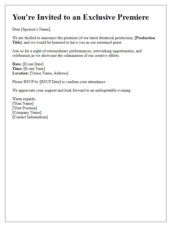 Letter template of corporate theater premiere invitation for sponsors.