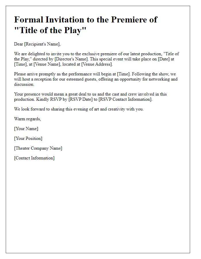 Letter template of formal theater premiere invitation for industry professionals.