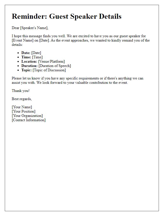 Letter template of reminder for guest speaker details