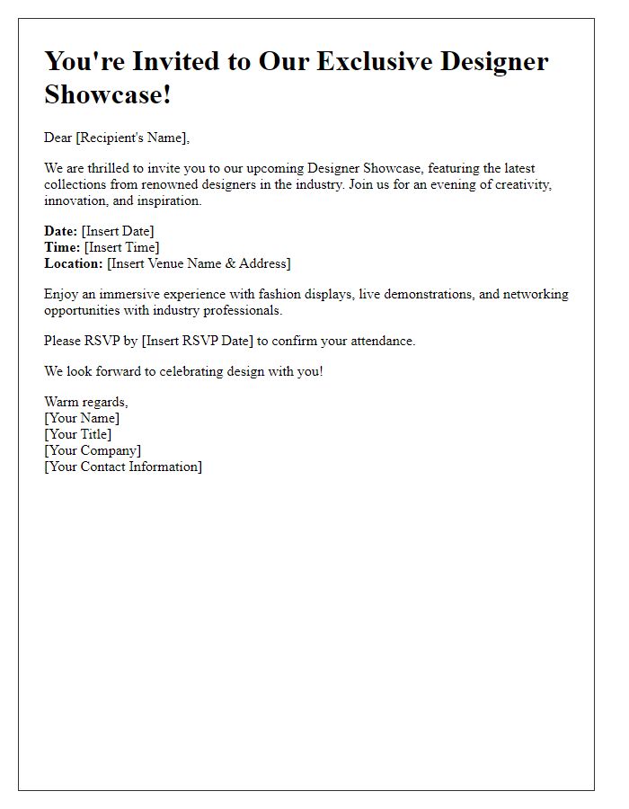 Letter template of designer showcase invitation