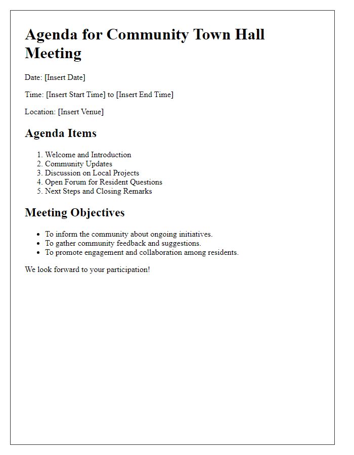 Letter template of agenda for a community town hall meeting