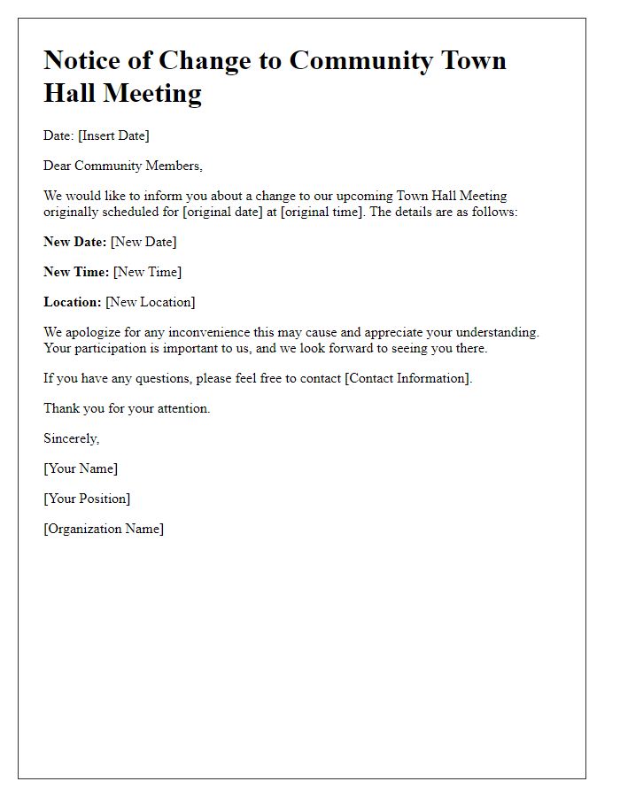 Letter template of notification about changes to a community town hall meeting