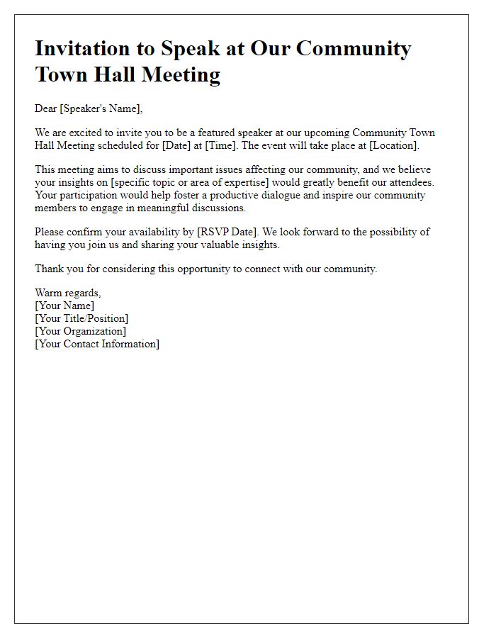 Letter template of speaker invitation for a community town hall meeting