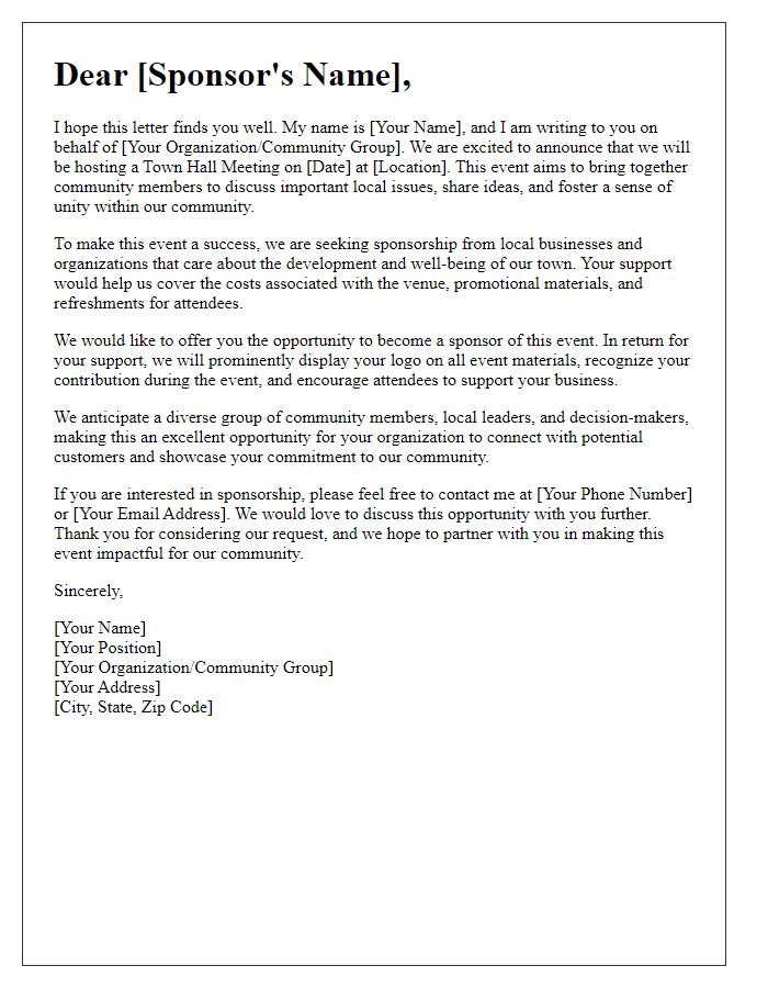 Letter template of sponsorship appeal for a community town hall meeting