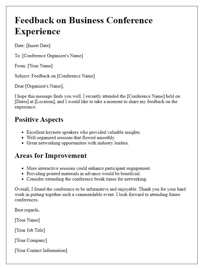 Letter template of feedback for business conference experience