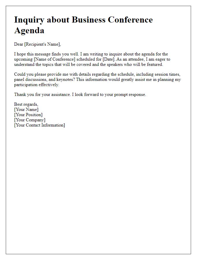 Letter template of inquiry about business conference agenda