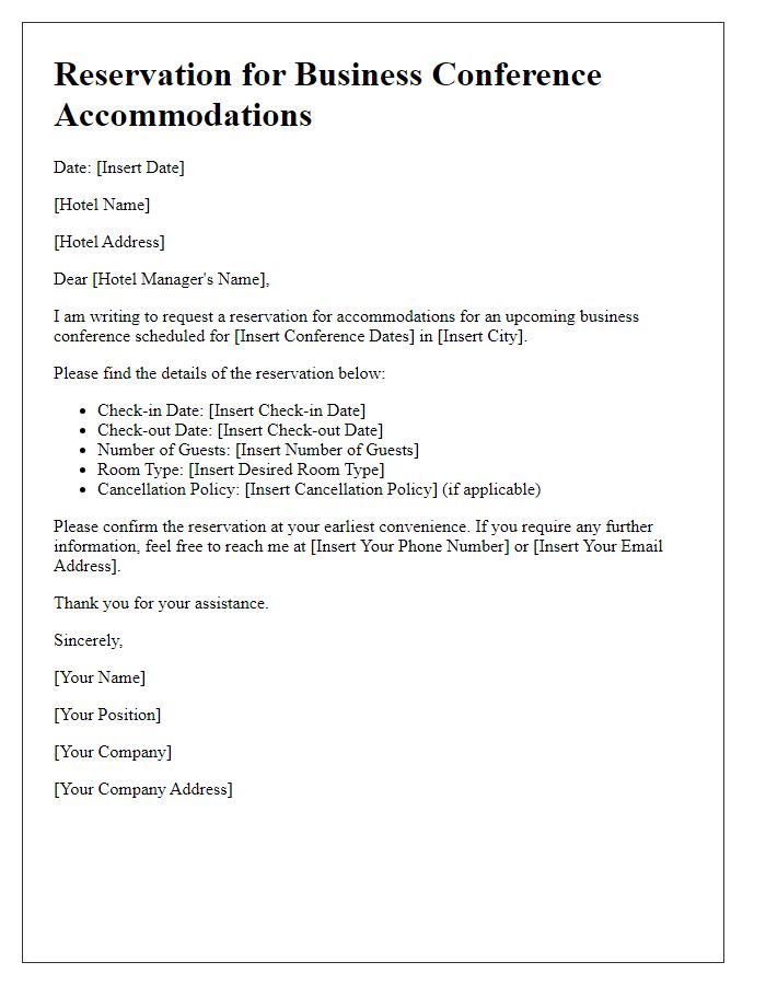 Letter template of reservation for business conference accommodations