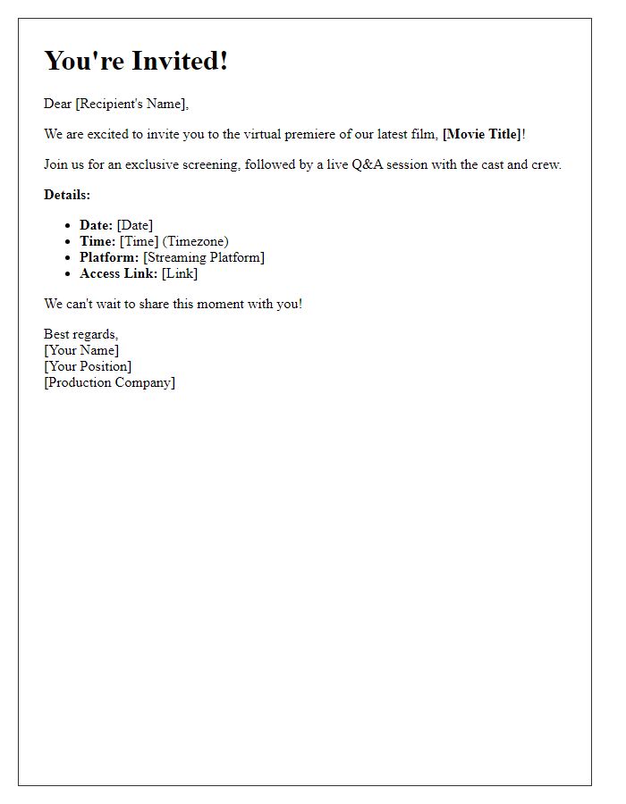 Letter template of digital invitation for a virtual movie premiere