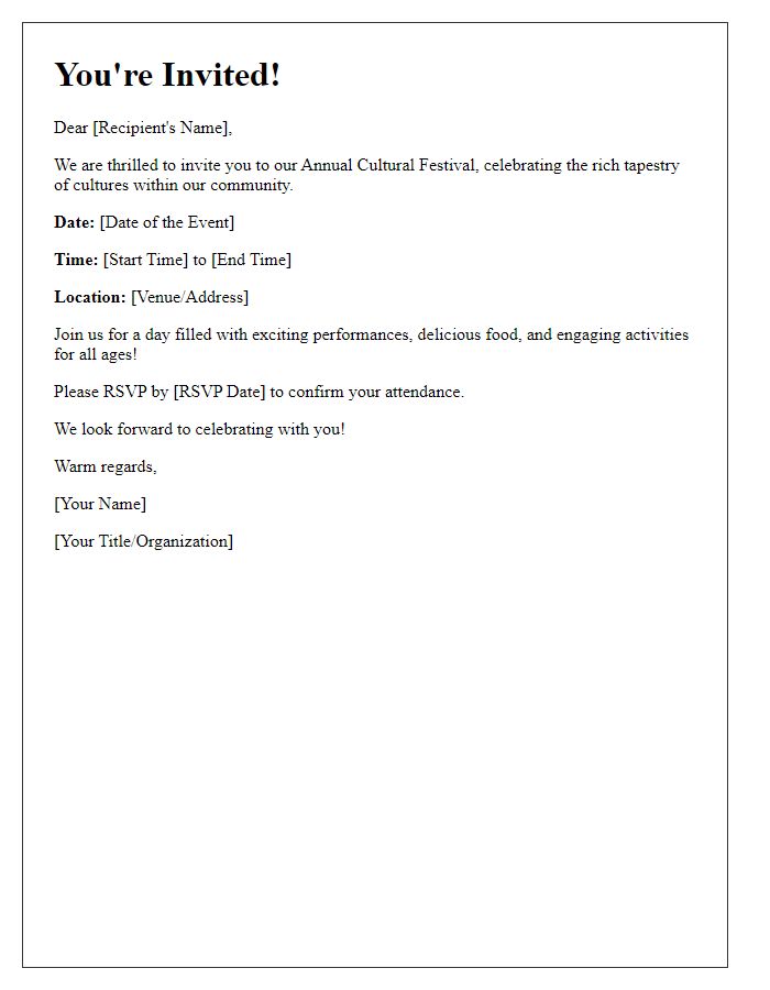 Letter template of invitation for cultural festival celebration.