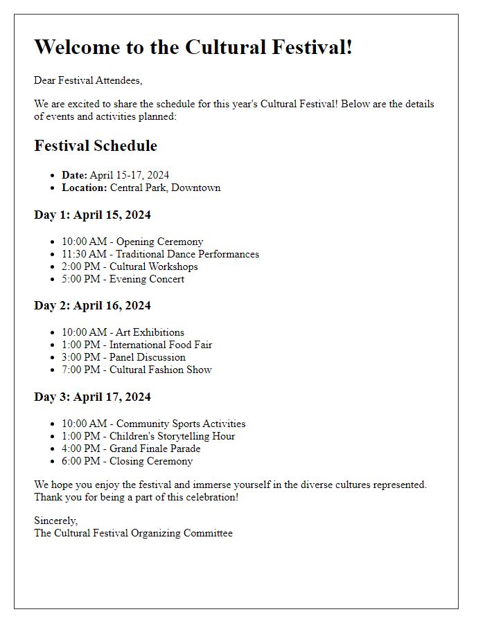 Letter template of program schedule for cultural festival attendees.