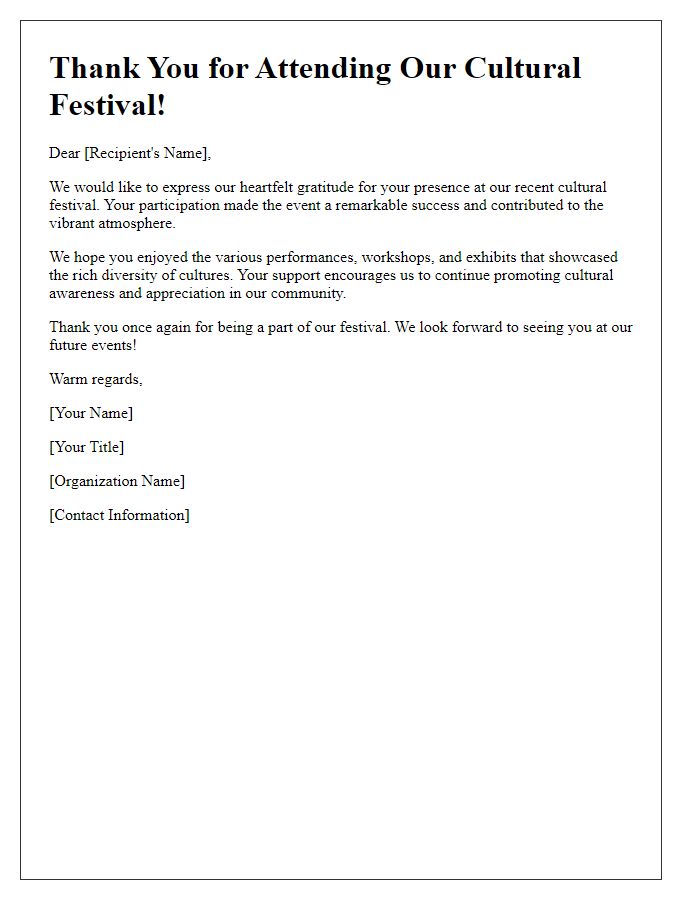 Letter template of thank you for attending the cultural festival.