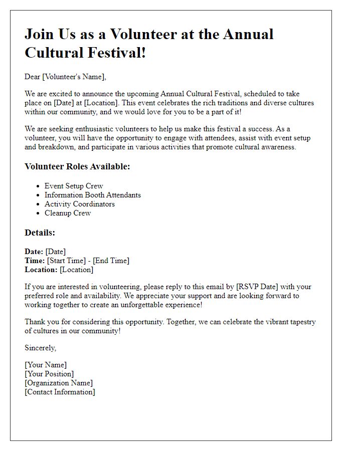 Letter template of volunteer opportunity for cultural festival helpers.