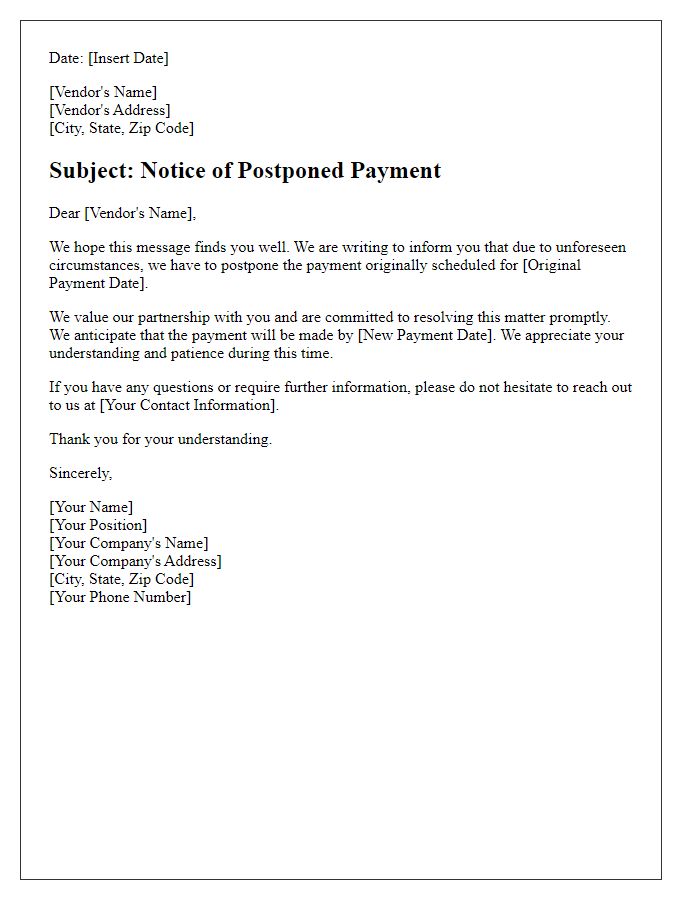 Letter template of notice for postponed vendor payment