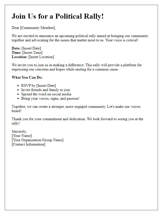 Letter template of call-to-action for community involvement in a political rally.