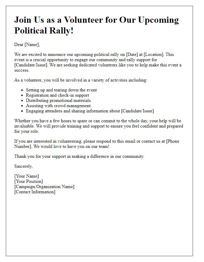 Letter template of volunteer recruitment for a political rally.