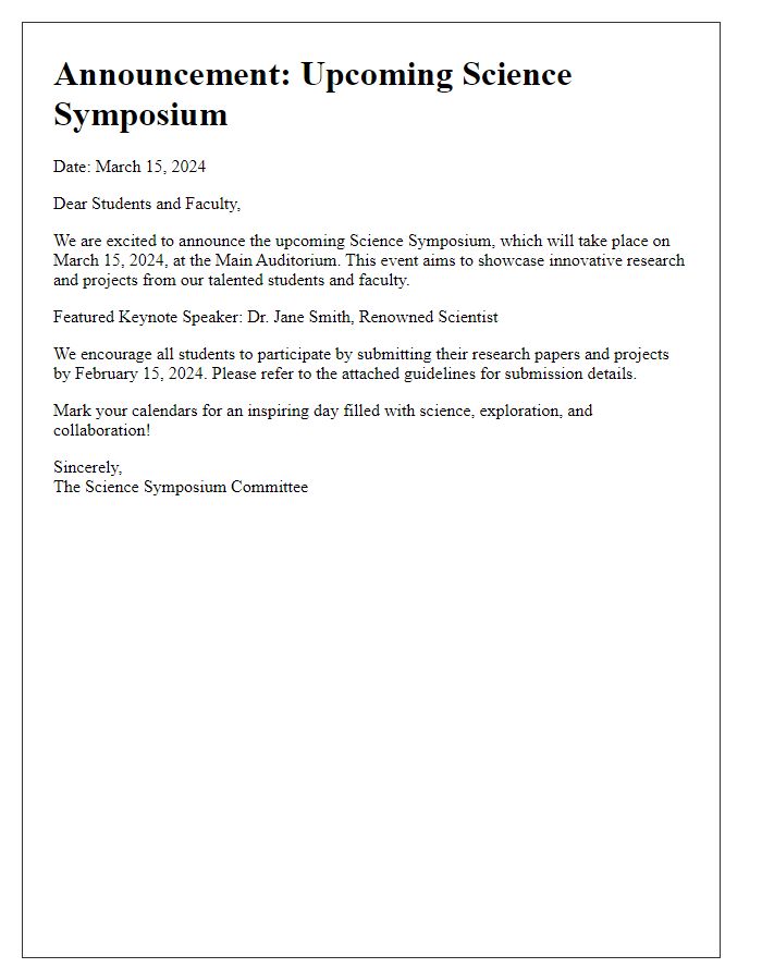 Letter template of announcement for the upcoming science symposium.