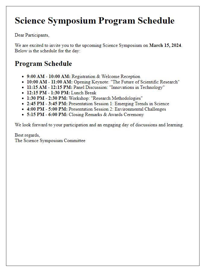 Letter template of program schedule for the science symposium.