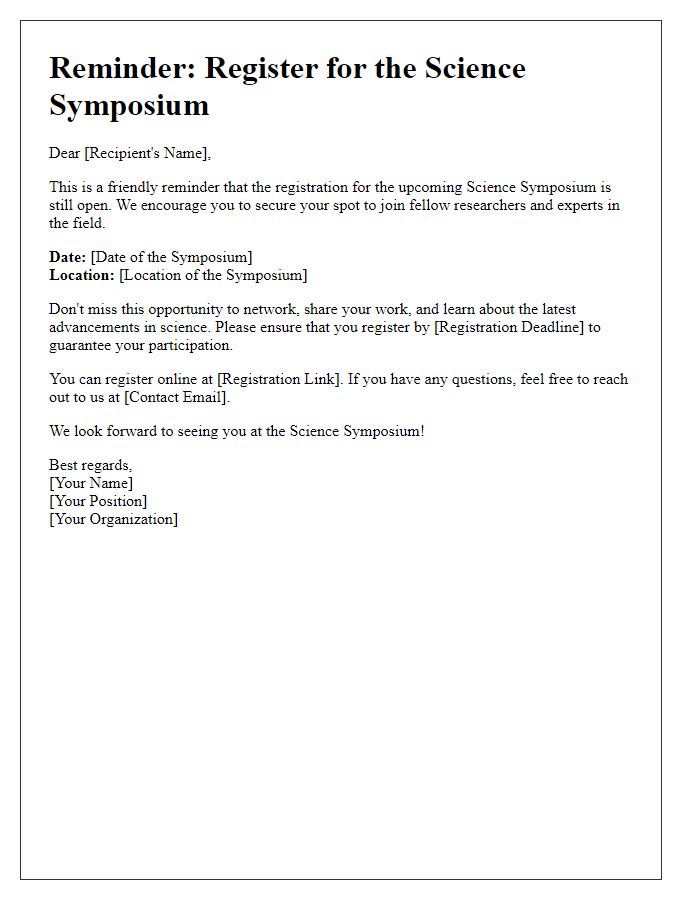 Letter template of reminder for science symposium registration.