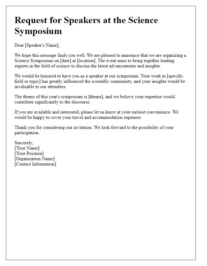 Letter template of request for speakers at the science symposium.