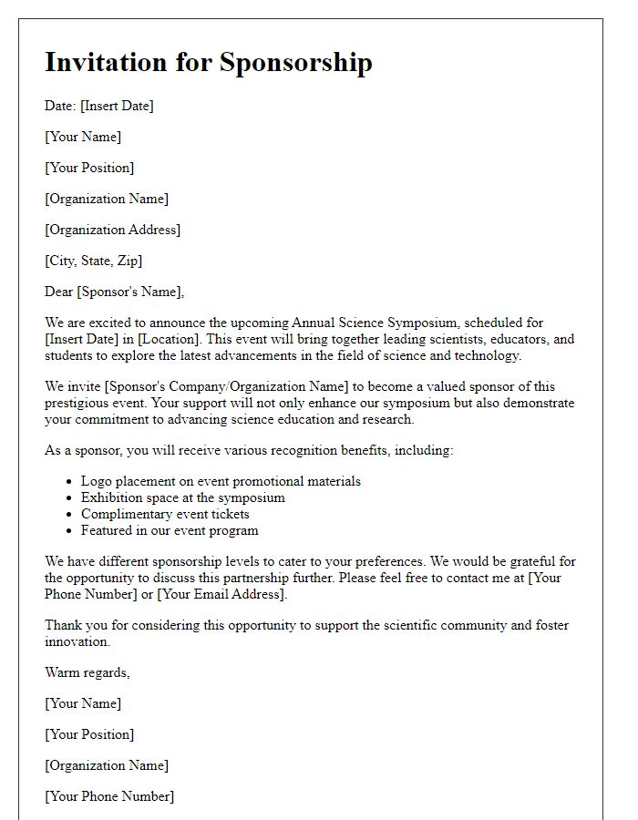 Letter template of sponsorship invitation for science symposium.