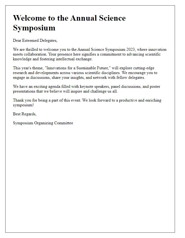 Letter template of welcome message for science symposium delegates.