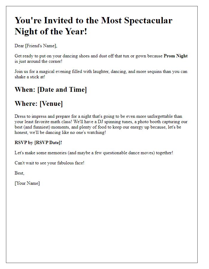 Letter template of prom night invitation with a witty or fun tone