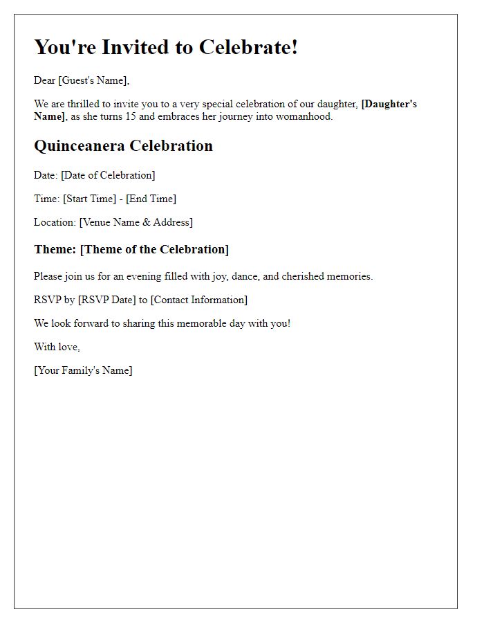 Letter template of quinceaera themed celebration invite