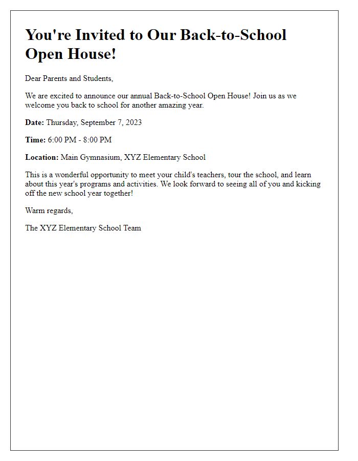 Letter template of announcement for back-to-school open house