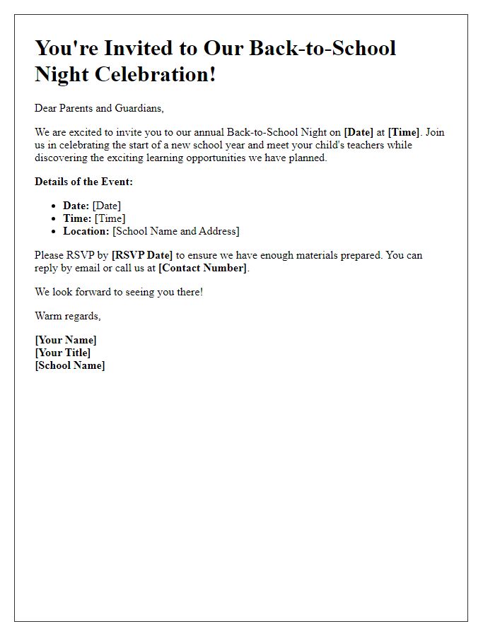 Letter template of invitation for back-to-school night celebration