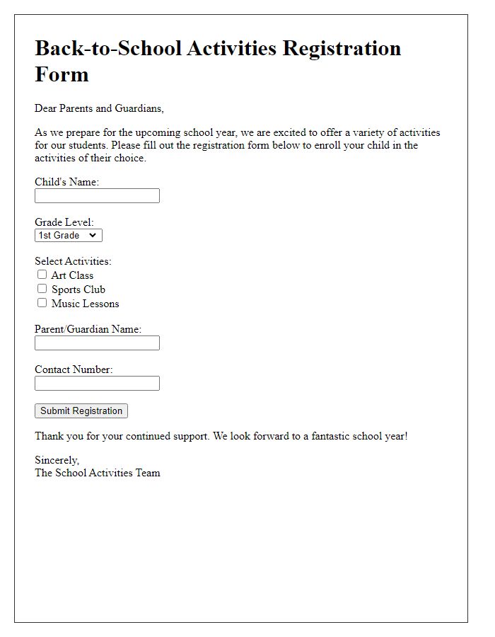 Letter template of registration form for back-to-school activities