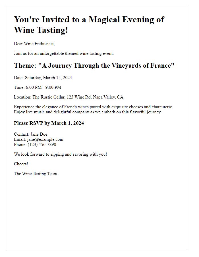 Letter template of a themed wine tasting event invitation