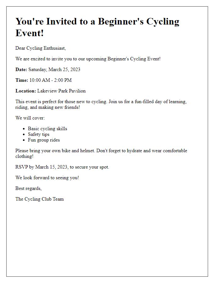 Letter template of cycling event invitation for beginners