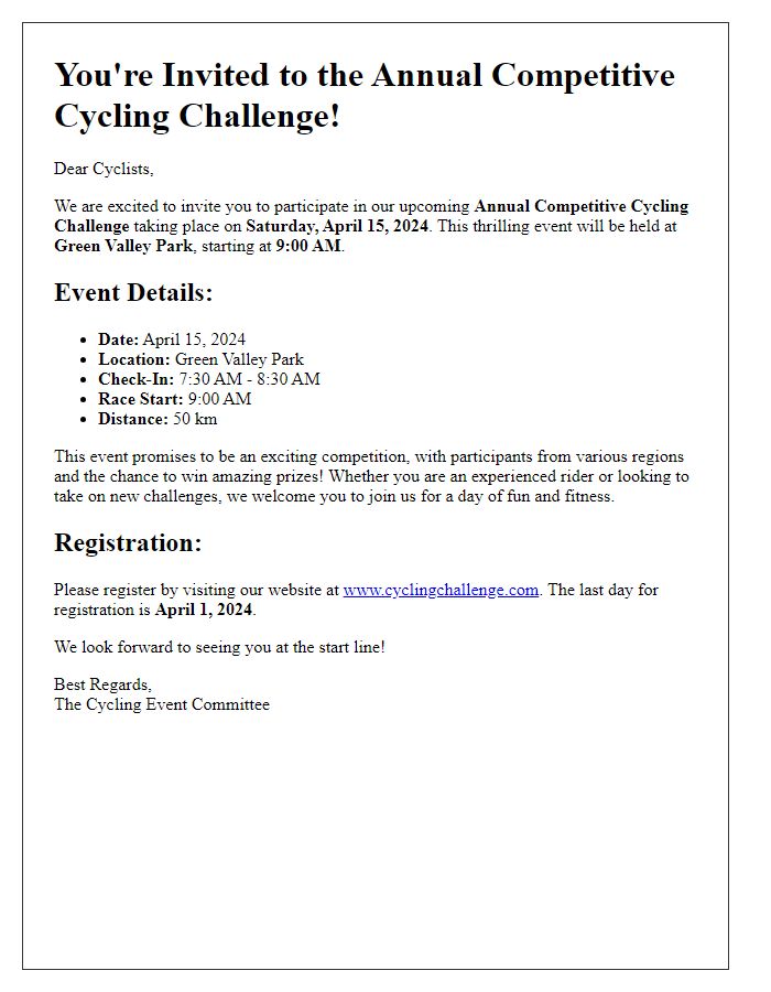 Letter template of cycling event invitation for competitive riders