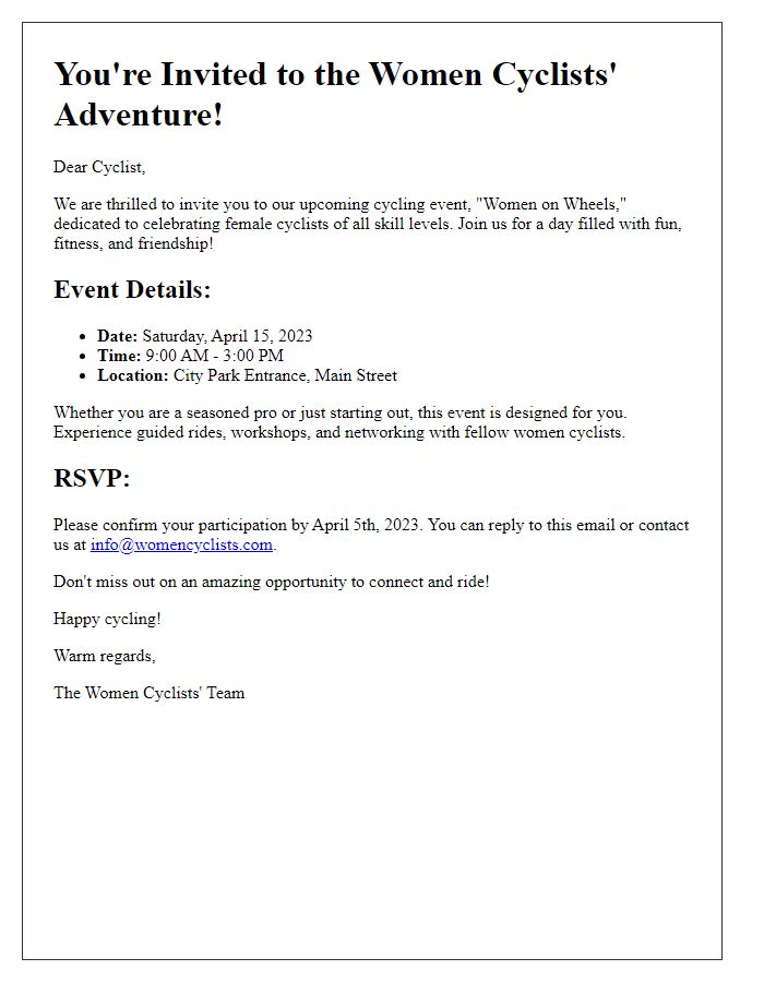 Letter template of cycling event invitation for women cyclists