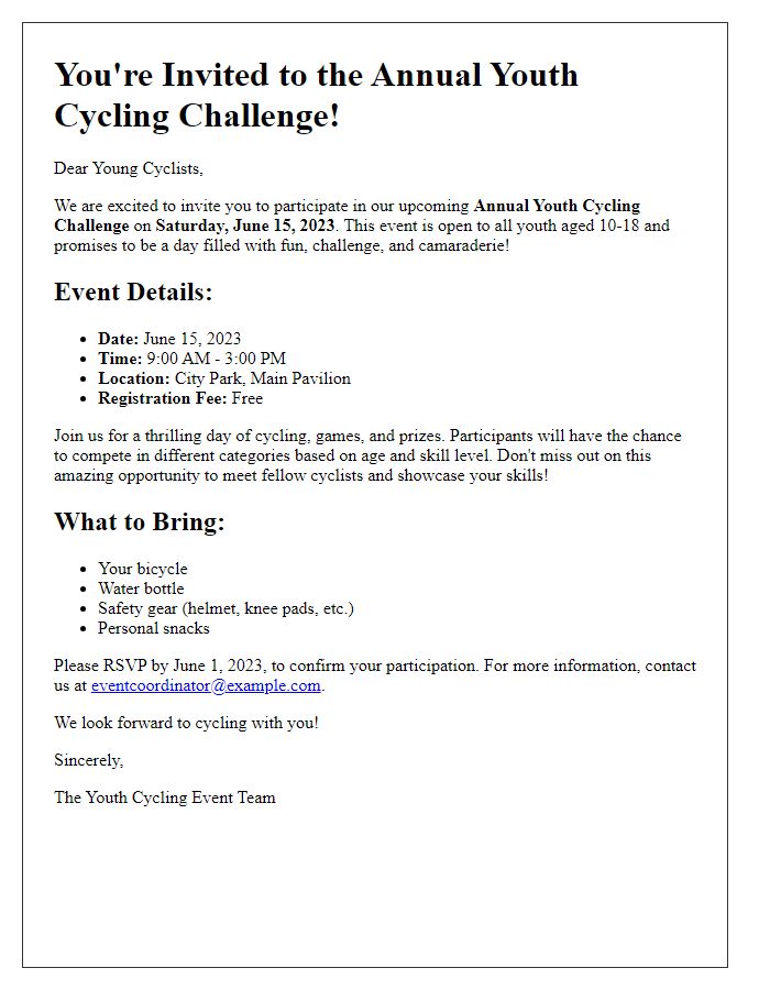 Letter template of cycling event invitation for youth participants