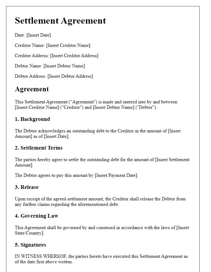 Letter template of settlement agreement for creditors