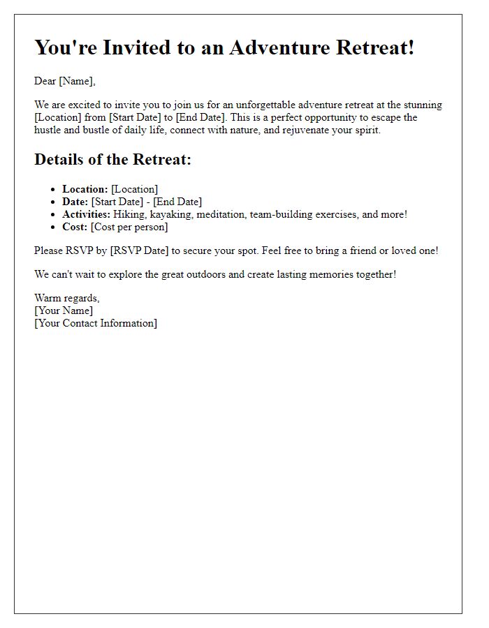 Letter template of an adventure retreat vacation invitation