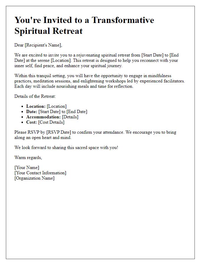 Letter template of a spiritual retreat vacation invitation