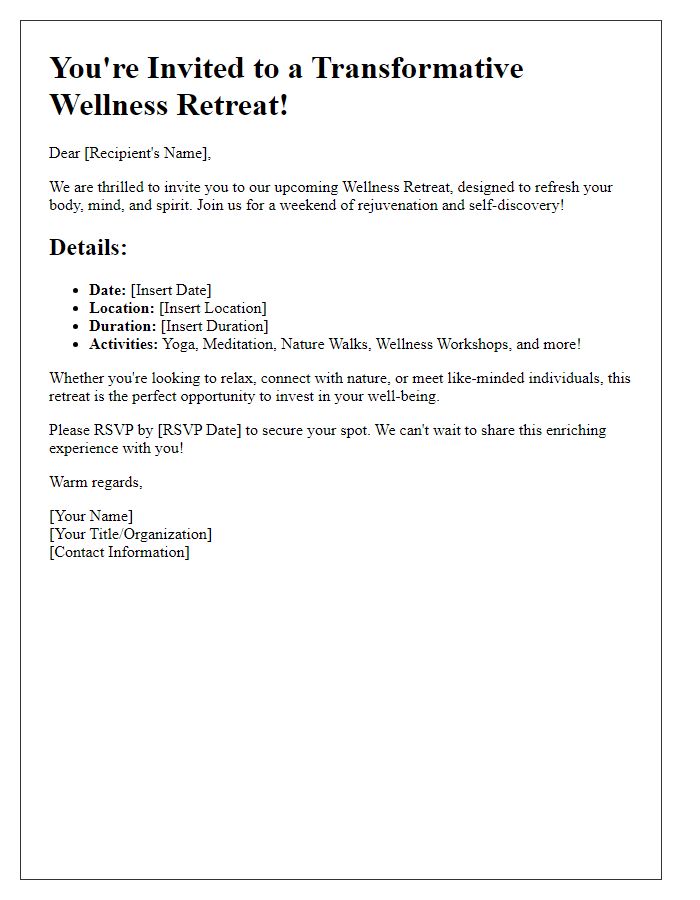 Letter template of a wellness retreat vacation invitation