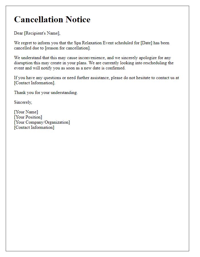 Letter template of cancellation notice for spa relaxation event