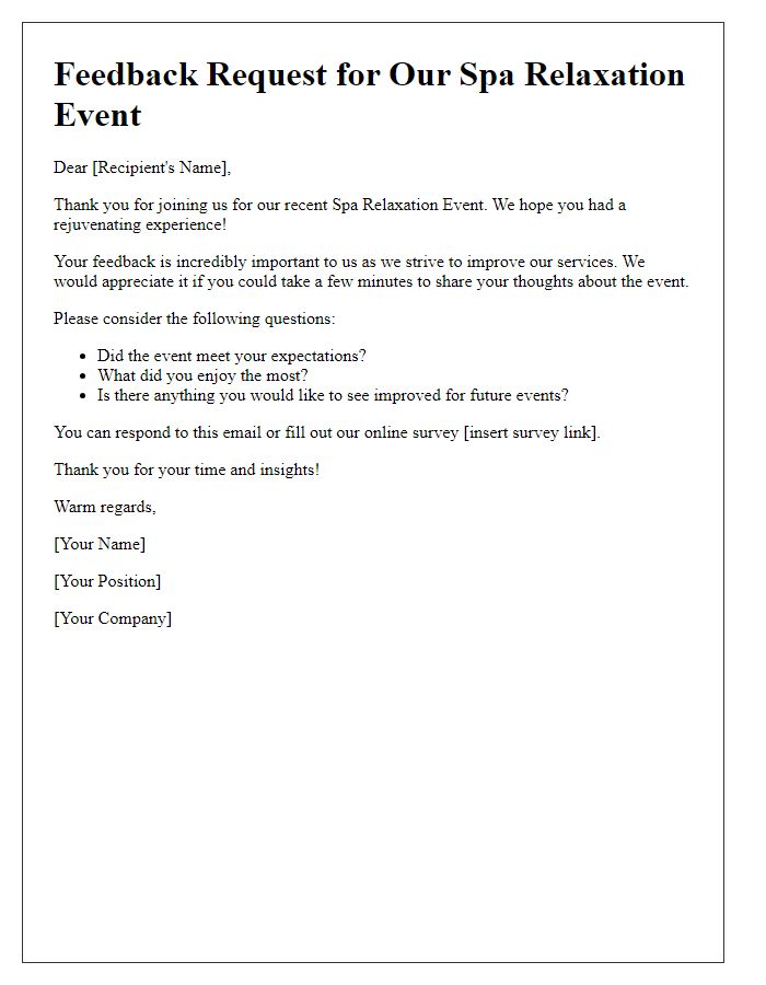 Letter template of feedback request after the spa relaxation event