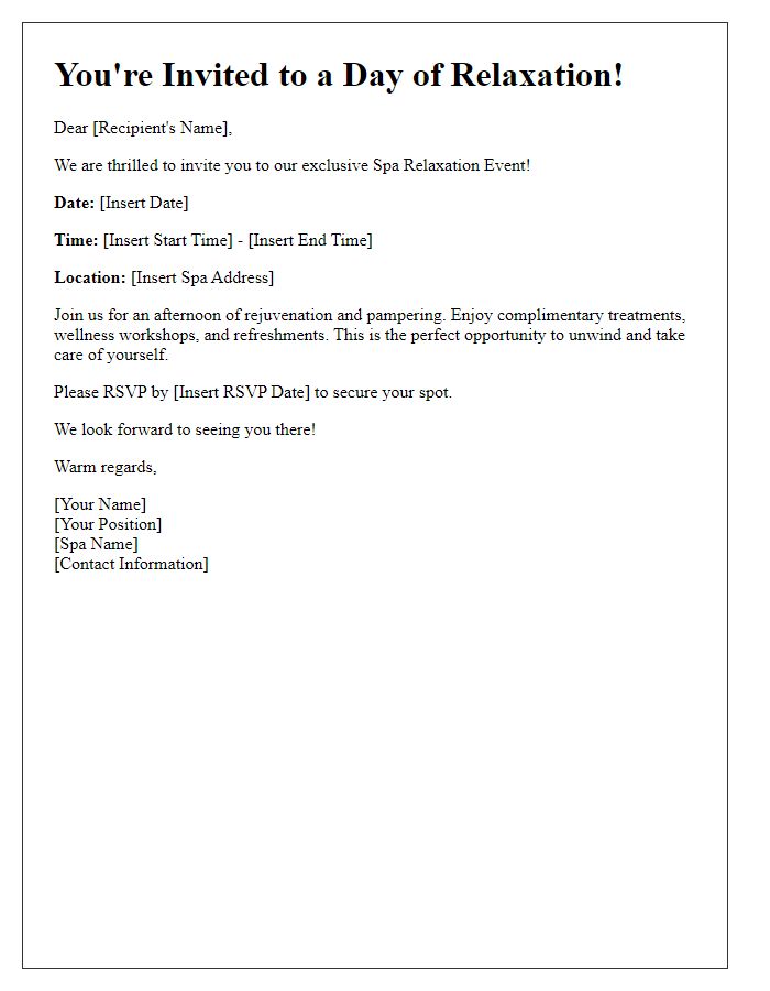 Letter template of invitation to a spa relaxation event