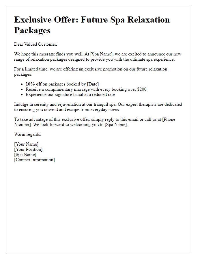 Letter template of promotional offer for future spa relaxation packages