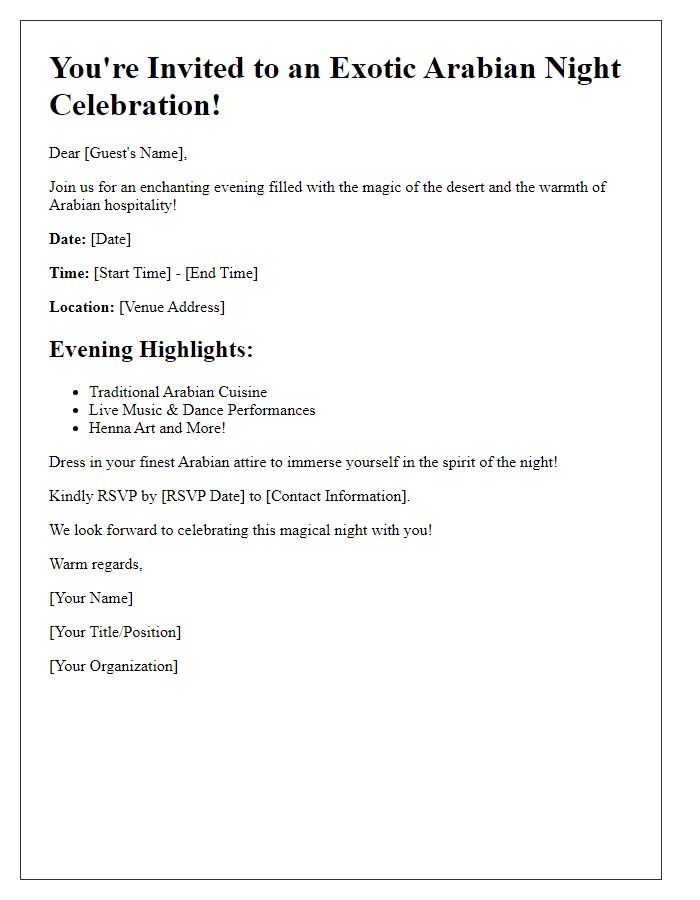 Letter template of an exotic Arabian night celebration