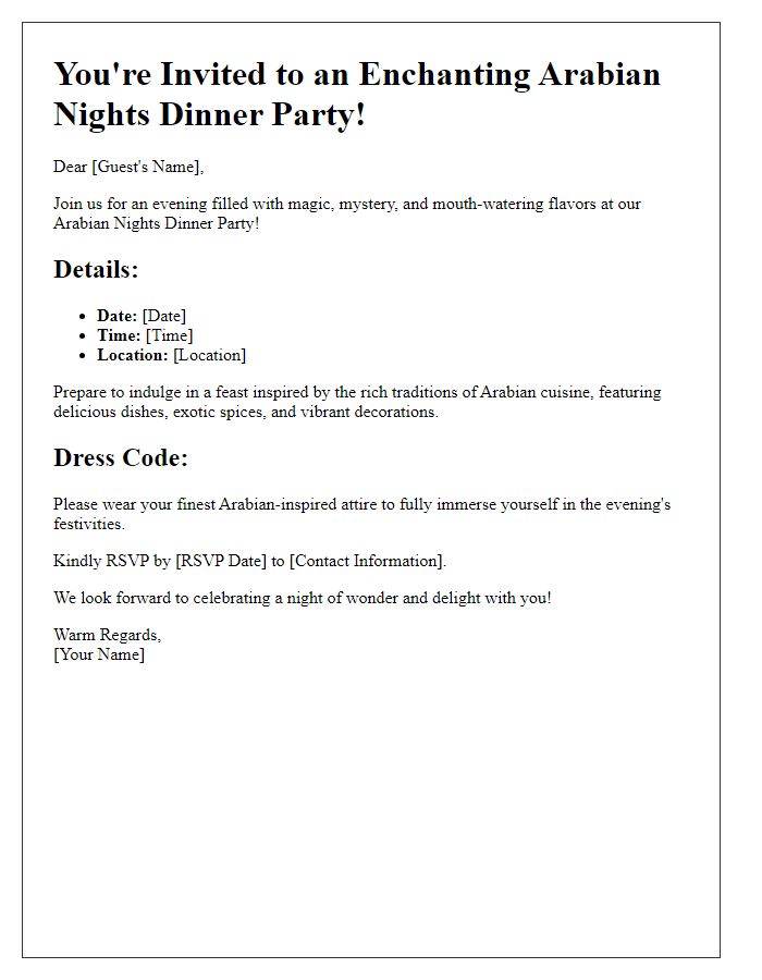 Letter template of a festive Arabian nights dinner party