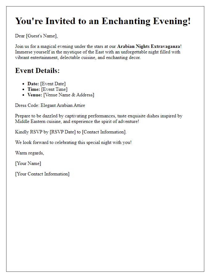 Letter template of a lavish Arabian nights event